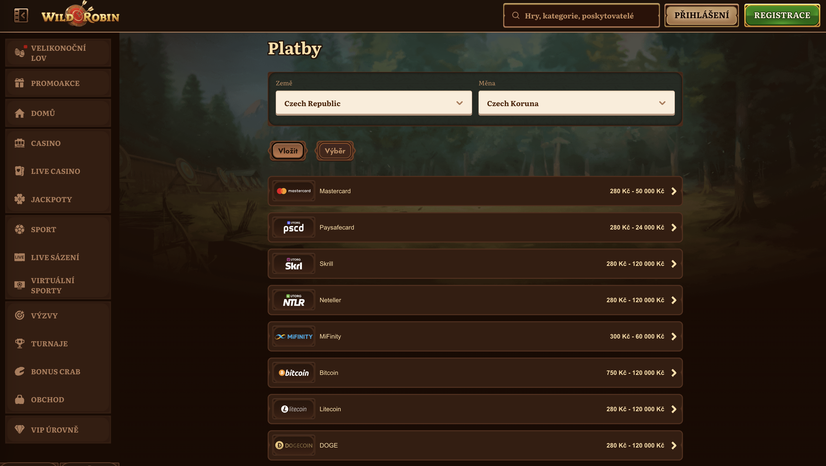 Platební metody pro vklady a výběry v WildRobin Casino