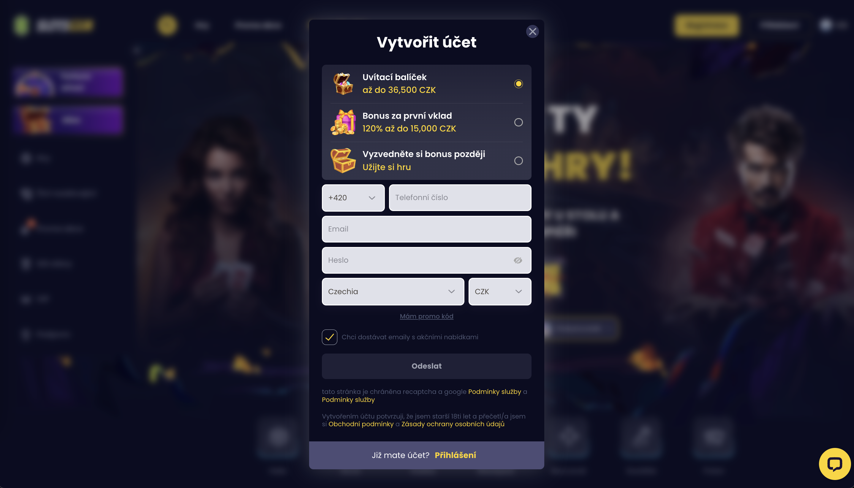 Registrace účtu v SlotGem Casino