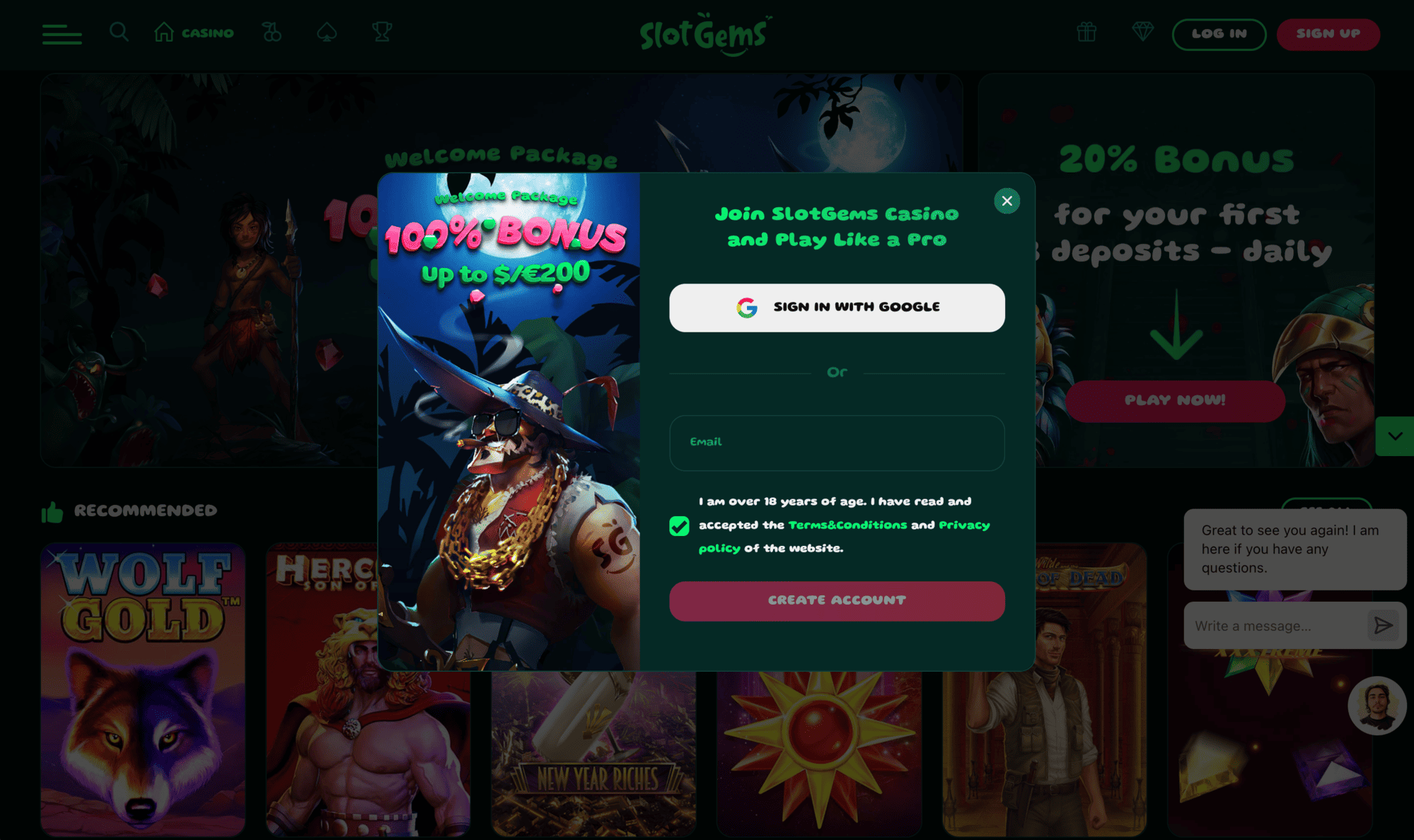 Registrace účtu v SlotGems Casino