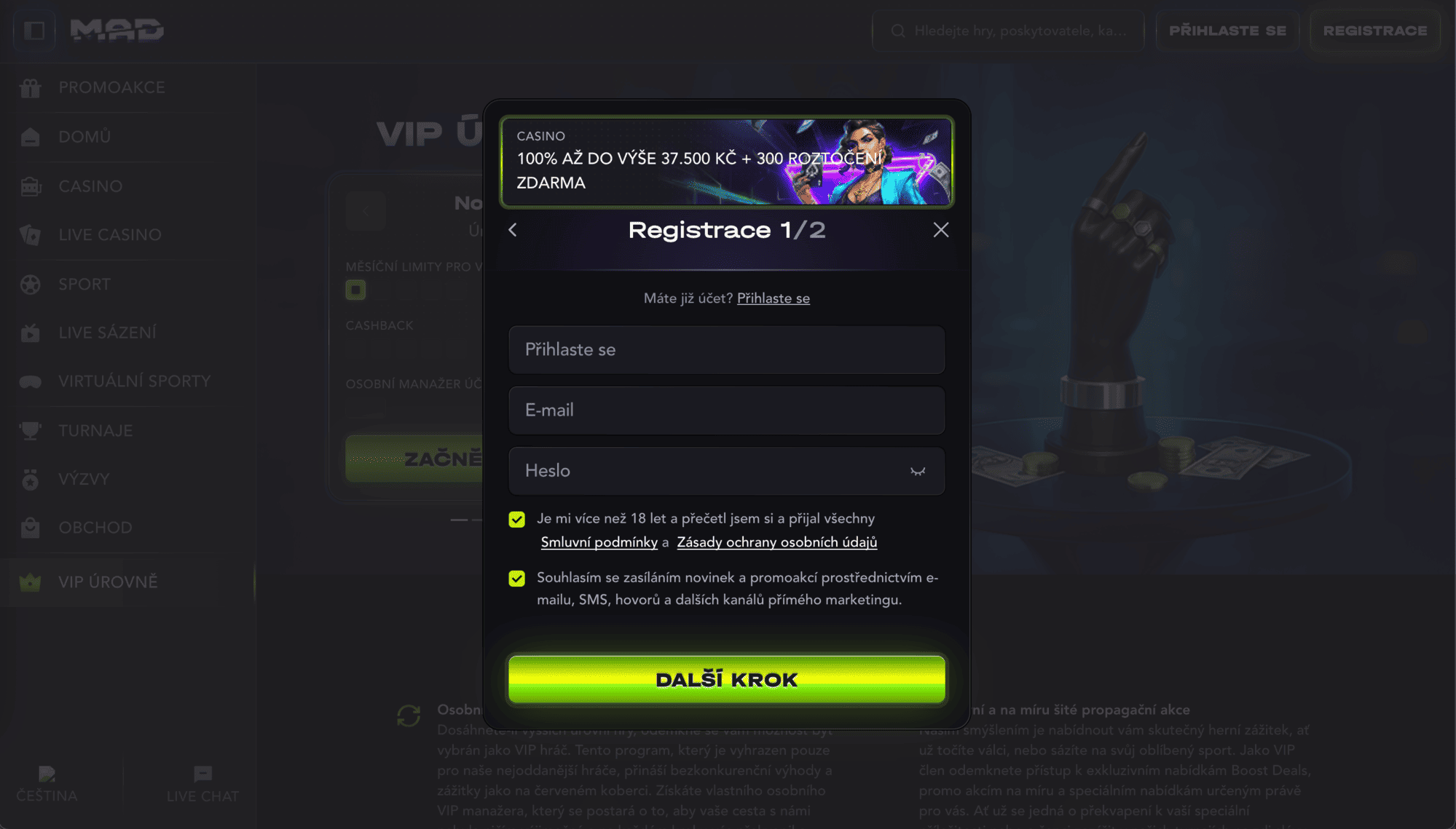Registrace účtu v Mad Casino